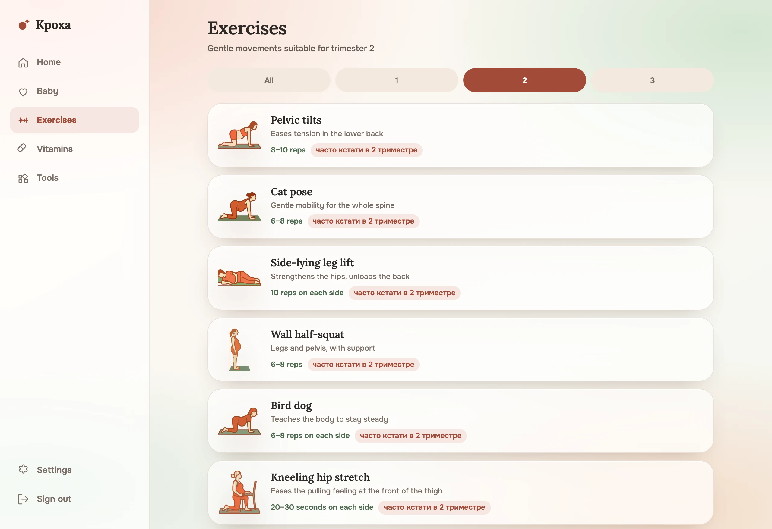 The “Exercises” section in the app