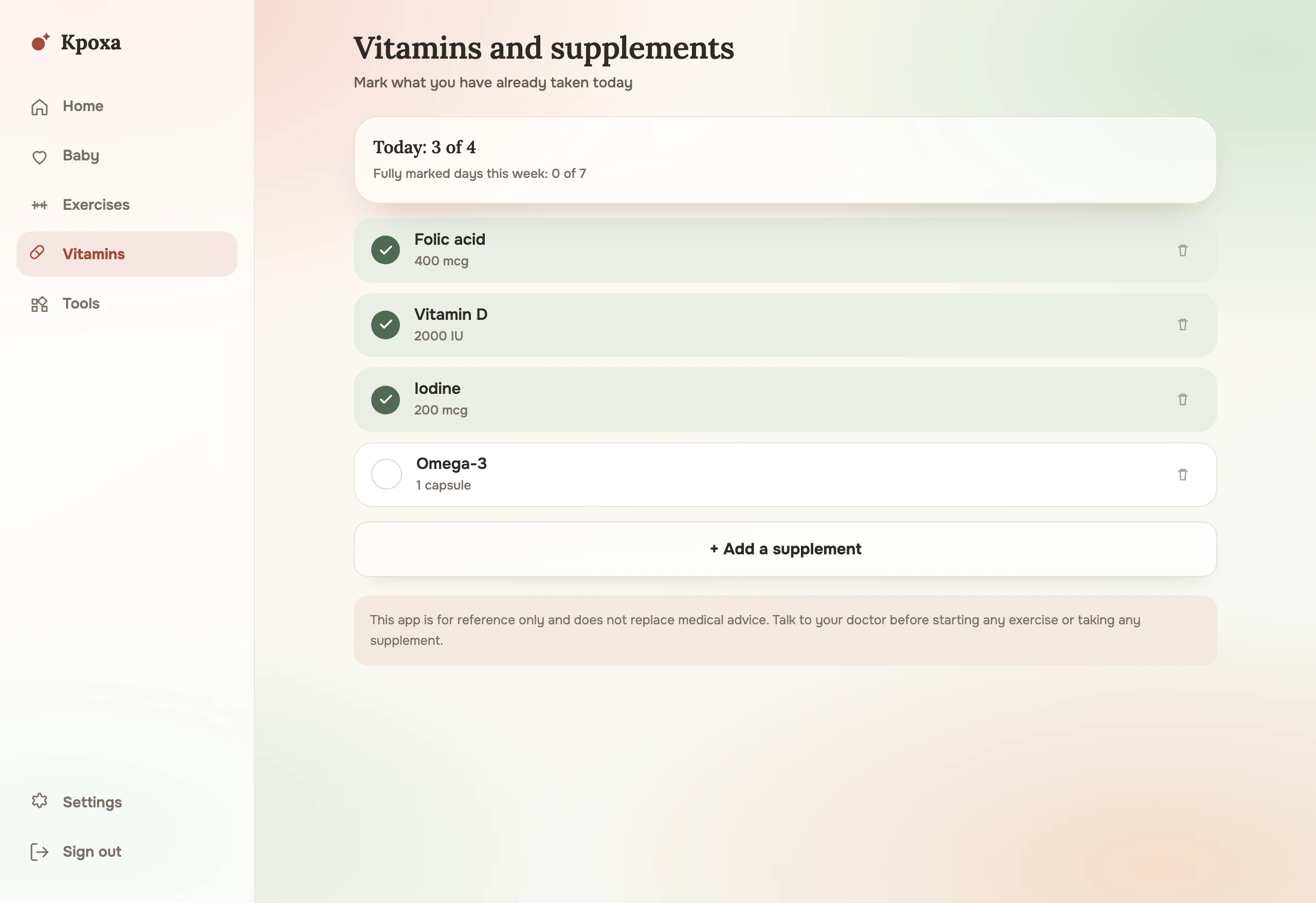 The “Vitamins” section in the app